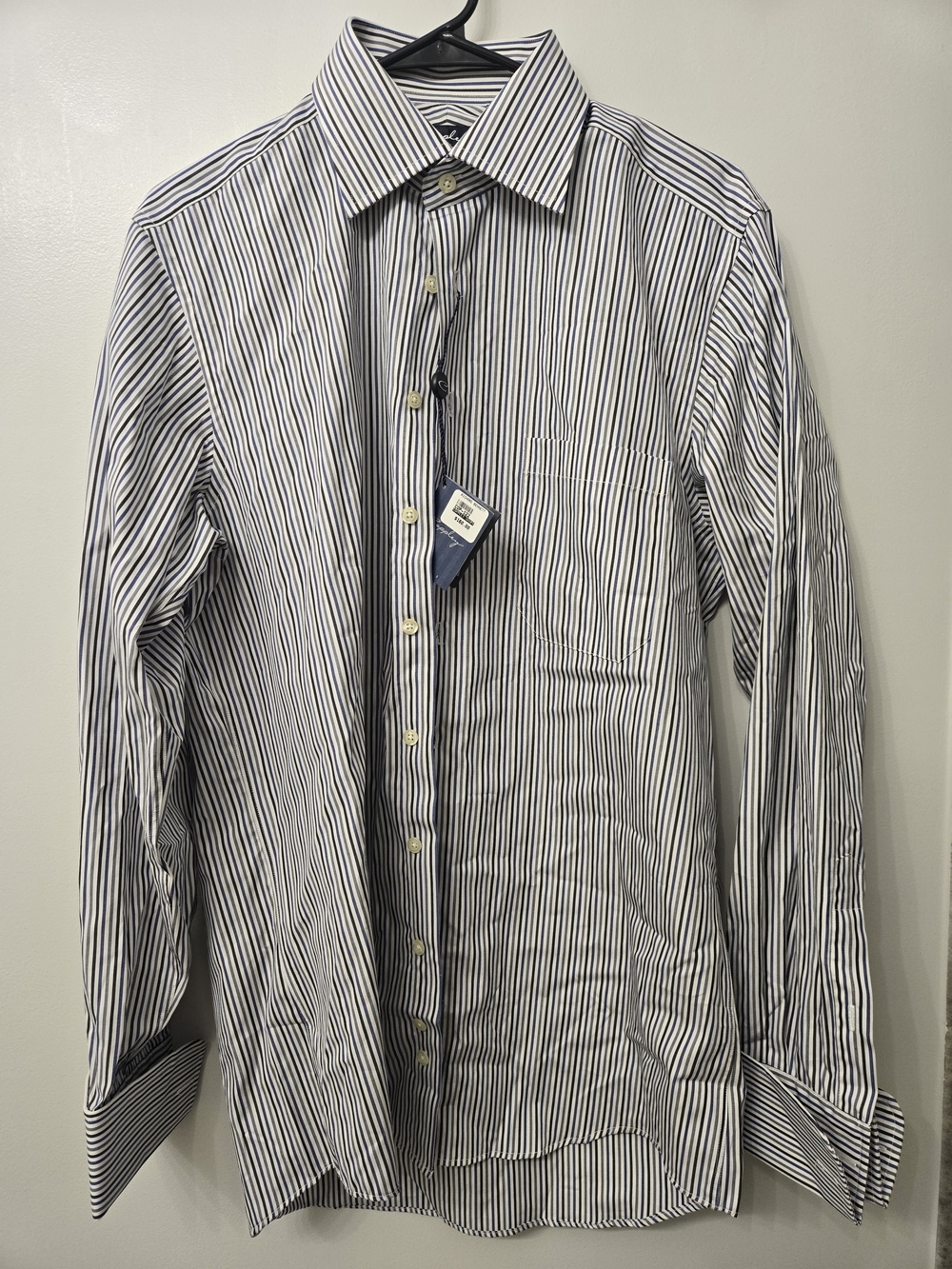 Men's Navy and White Stripe Dress Shirt - Classic Spread Collar